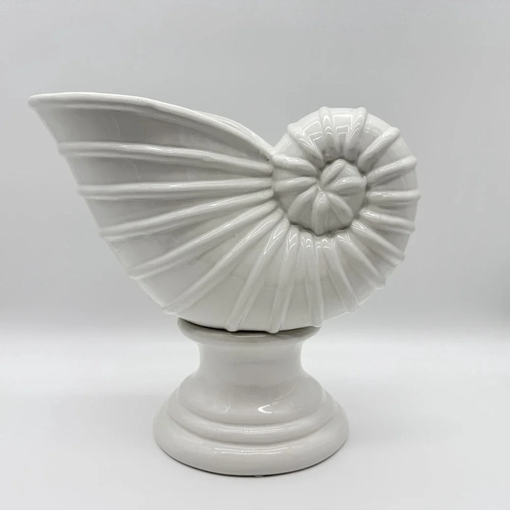 Vintage White Iridescent Ceramic Nautilus Seashell Footed Planter Vase